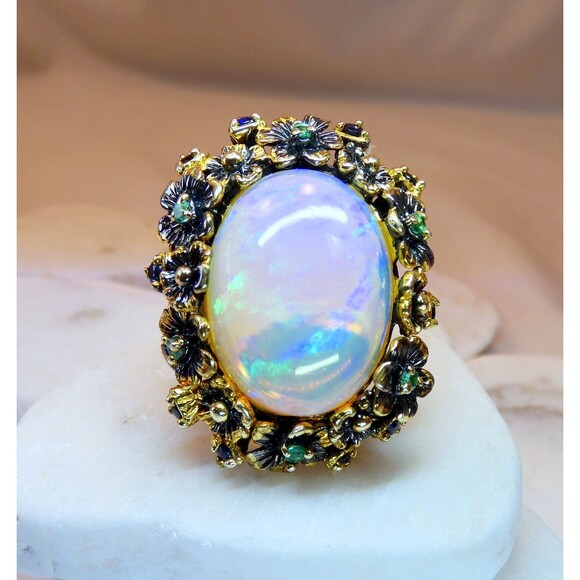 HUGE 26CT Ethiopian Welo Opal Emeralds- Blue Sapphires Sterling Silver Ring - Picture 2 of 11